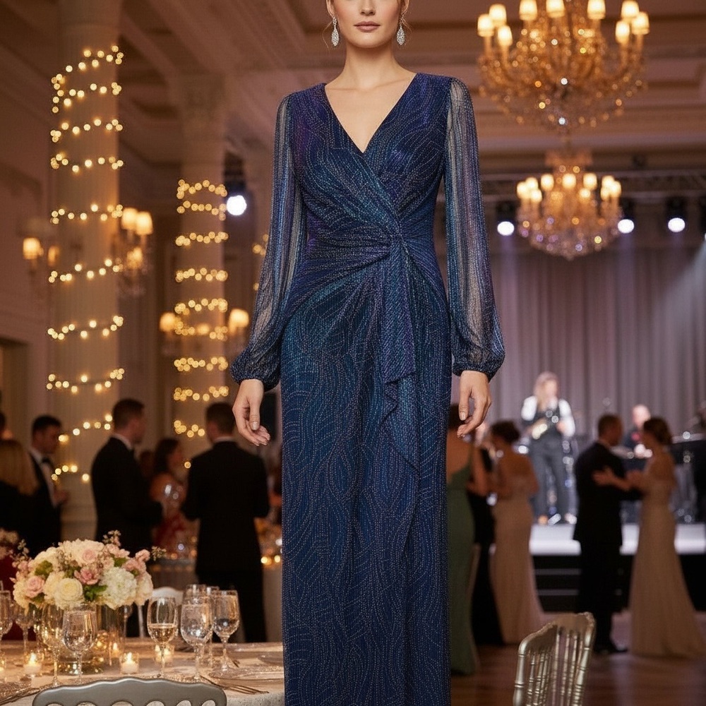 Adrianna Papell Blue Purple Iridescent Long Sleeve Gown Dress Size 6